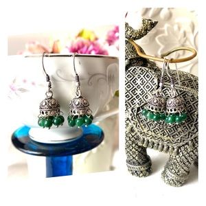 Green Onyx S925 Jhumki Earrings in a Bell Umbrella shape Artisan hand crafted